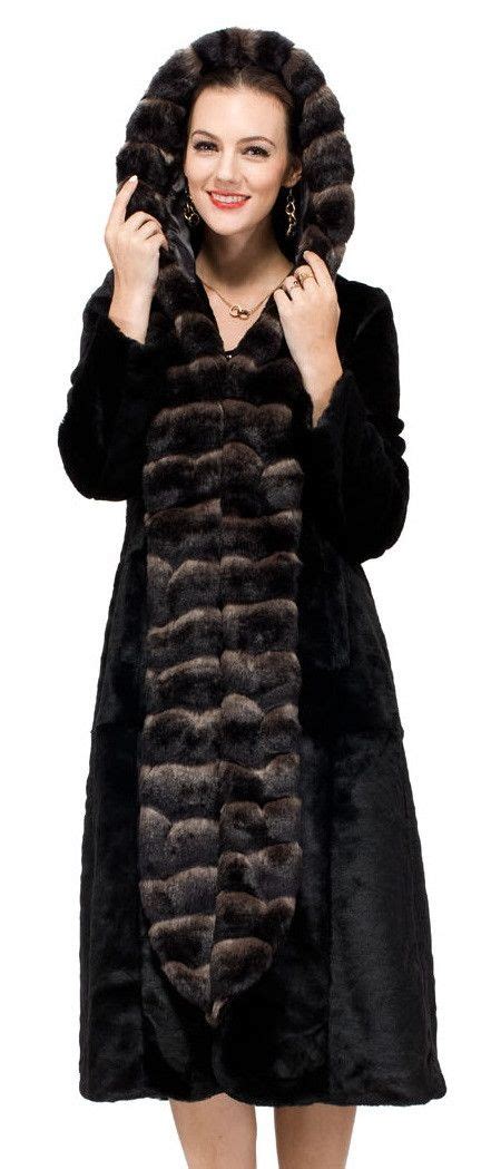 Sheared Mink Faux Fur Coat Hooded With Faux Chinchilla Trim Fur Coats