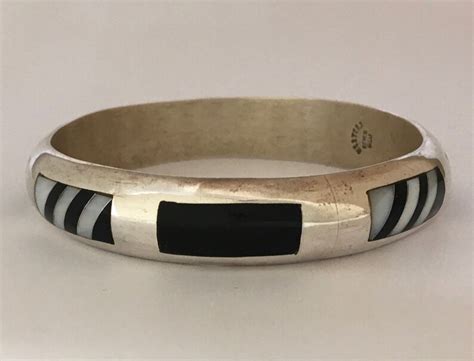 Taxco Sterling Silver Bangle Bracelet Inlay Onyx Etsy