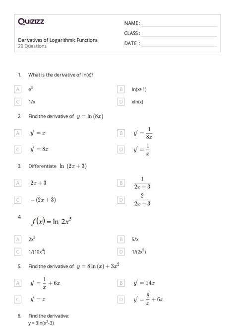 50+ derivatives of logarithmic functions worksheets for 12th Grade on Quizizz | Free & Printable