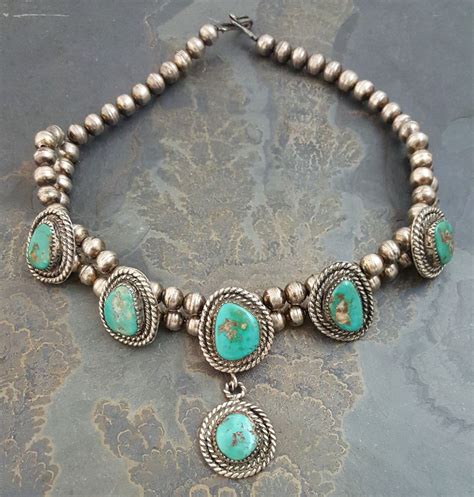 Vintage Navajo Handmade Sterling Silver Turquoise Pendant Bead Choker