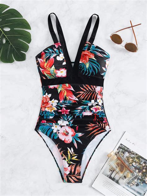 Shein Swim Lushore Tropical Print Ruched One Piece Swimsuit Summer