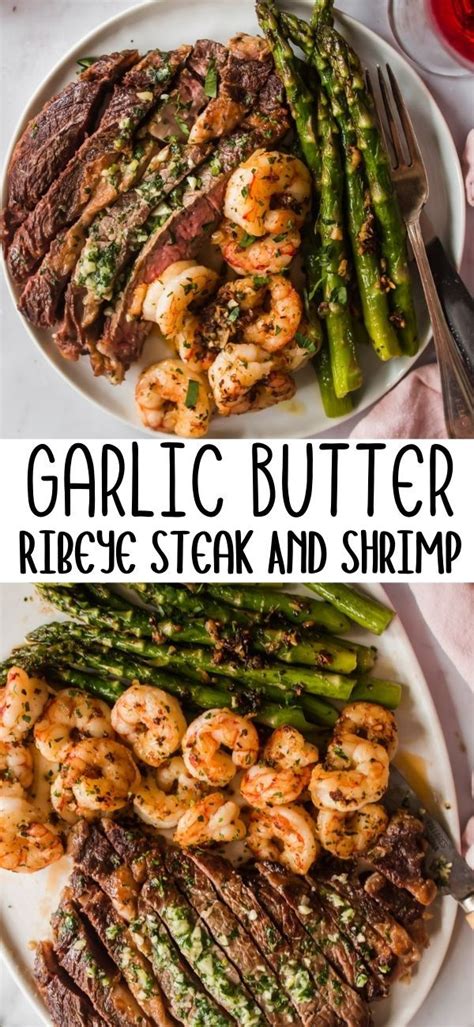 Grilled Shrimp And Asparagus On A White Plate With Text Overlay Garlic