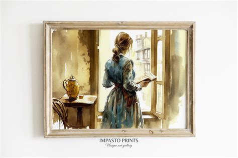 Vintage Watercolor Portrait Woman Reading Interior Scene Print Of