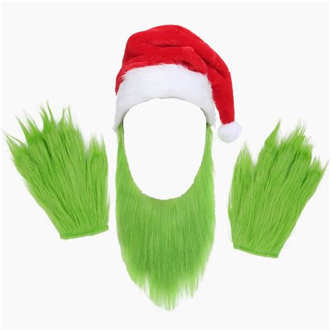 Buy Aunavey Grinch Beard Santa Hat With Green Furry Gloves For Adult