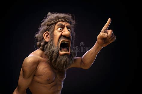 Stone Age Mature Gray Haired Old Man Points Finger At Viewer Side
