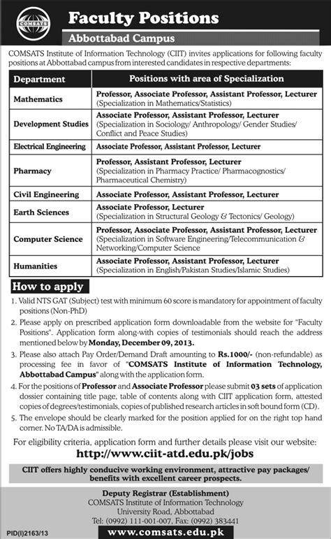 Comsats Abbottabad Campus Jobs November Teaching Faculty In