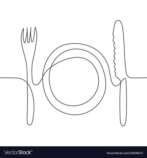 One line drawing of knife fork and plate Vector Image