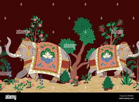 Border With Indian Elephants And Decorative Elements Vector Stock