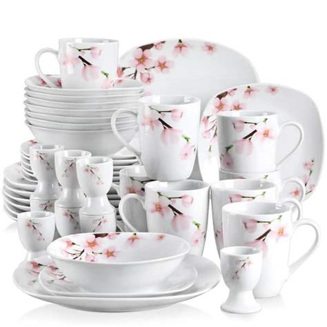 VEWEET 40 Piece Pink Floral Ivory White Porcelain Dinnerware Set