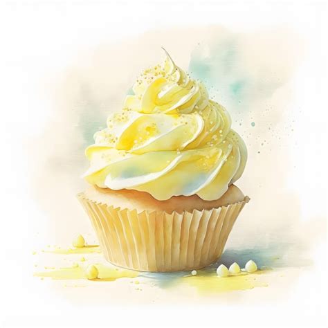 Premium Photo A Watercolor Painting Of A Cupcake With Yellow Frosting