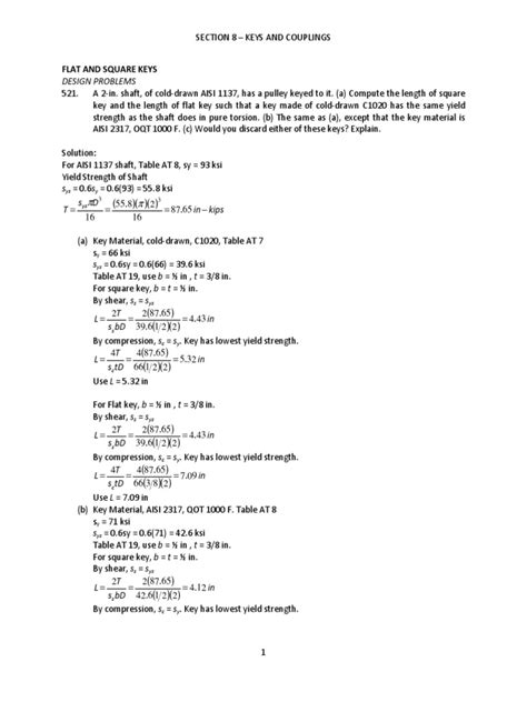 Key and Coupling Solutions | PDF | Strength Of Materials | Bending