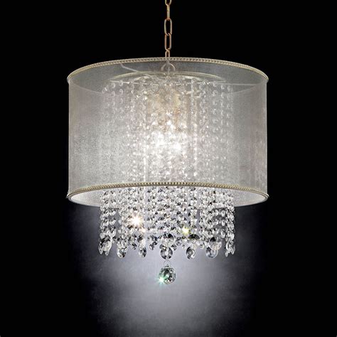 Ceiling Lamp With Hanging Crystal Droplets And White Drum Shade White