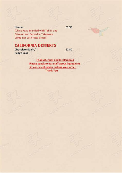 Menu At The California Grill Fast Food Ipswich