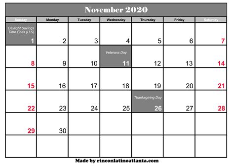 November 2020 Calendar With Holidays Printable Calendar