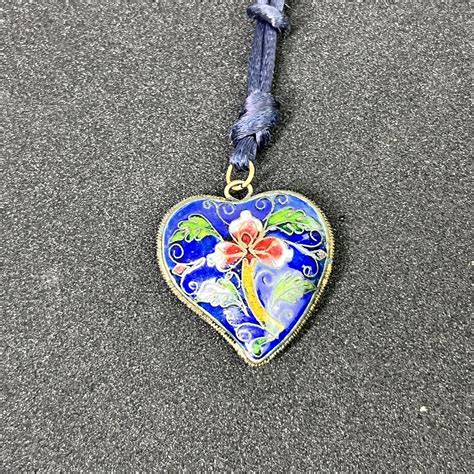 Vintage Cloisonné Enamel Puffy Heart Necklace Blue Fl Gem