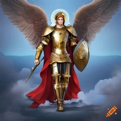 Depiction Of Archangel Michael In Golden Armor With Sword And Shield On