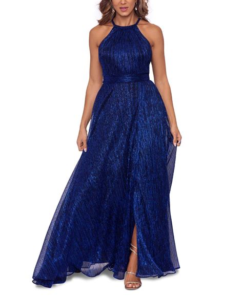 Betsy And Adam Metallic Halter Gown In Blue Lyst