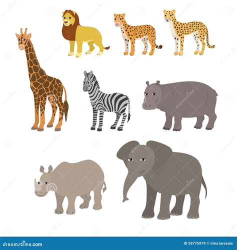 Cartoon Set Lion Leopard Cheetah Giraffe Zebra Hippo Rhino Elephant