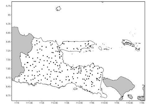 Gambar 1. 197 titik pengamatan curah hujan dan wilayah analisis Jawa ...