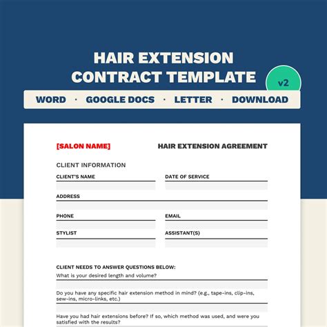 Editable Hair Extension Contract Template 3 Page Word Document Letter Size Add Text Salon Logo