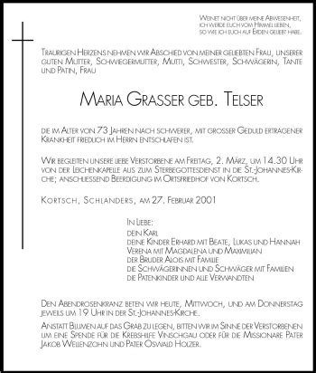 Traueranzeigen Von Maria Grasser Trauer Bz