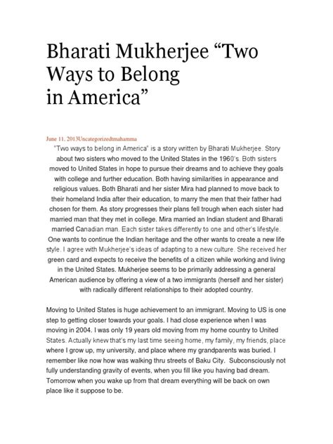 Bharati Mukherjee Two Ways To Belong To America | PDF