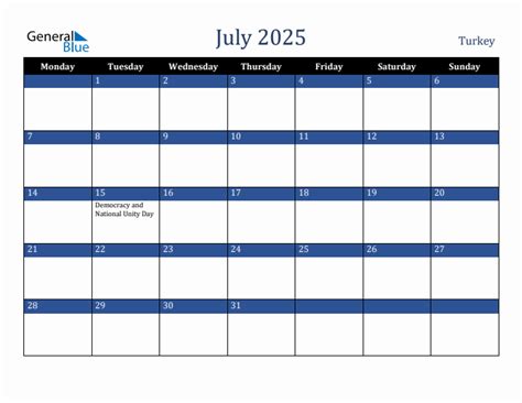 July 2025 - Turkey Monthly Calendar with Holidays