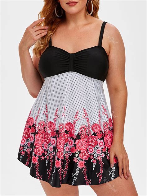 Plus Size Floral Print Polka Dot Tankini Swimwear [30 Off] Rosegal