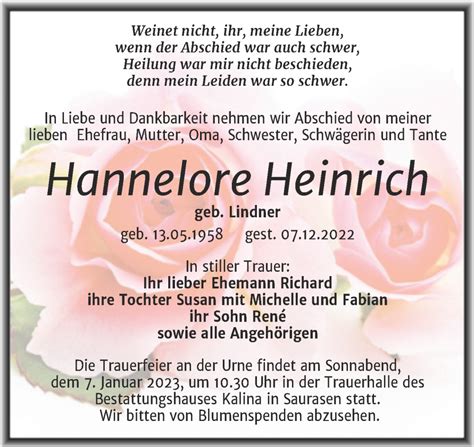 Traueranzeigen Von Hannelore Heinrich Abschied Nehmen De