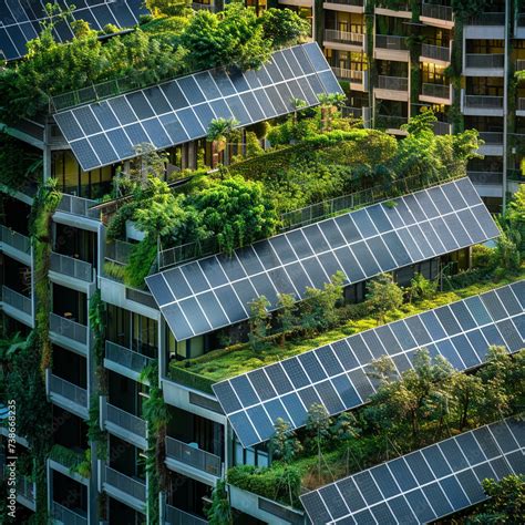 Green Roofs And Solar Panels On Urban Buildings Symbolizing The Shift