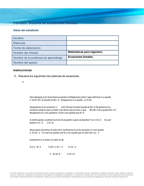 Sistema De Ecuaciones Lineales Uveg Formato Sistema De Ecuaciones