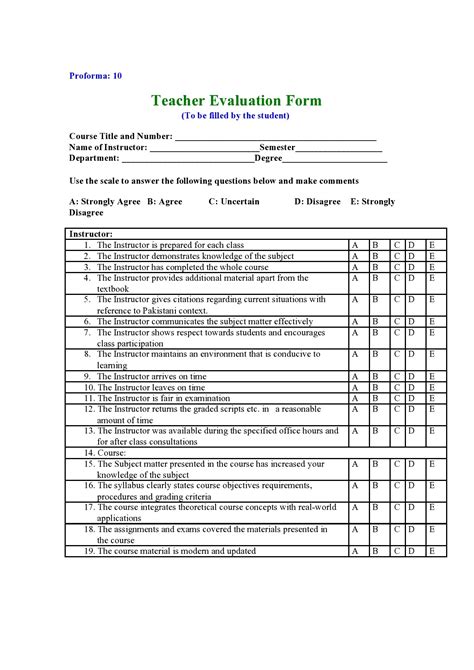 Teacher Evaluation Form Template