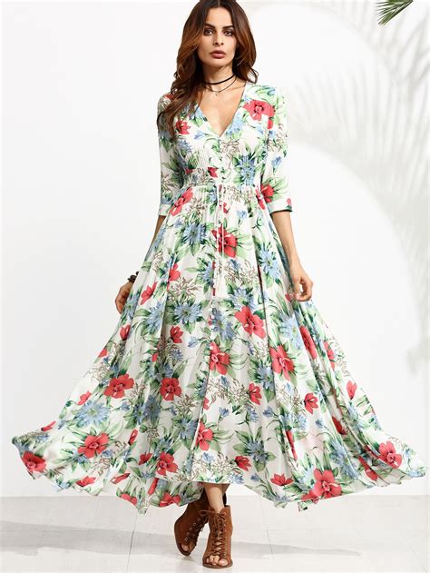 Floral Print Drawstring Button Front Swing Dress | Maxi dress, Half ...