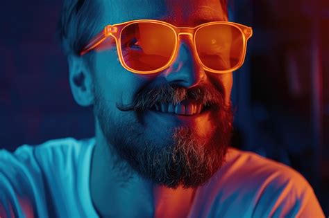 Premium Photo Smiling Man With Mustaches And Beard In Neon Portrait