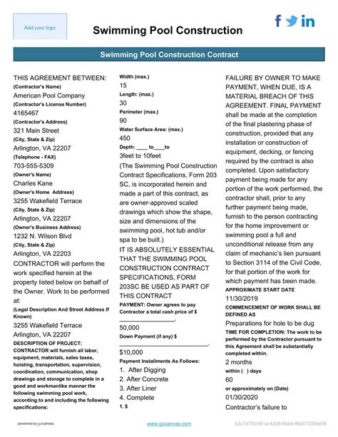 Free Printable Swimming Pool Contract Templates PDF Agreements