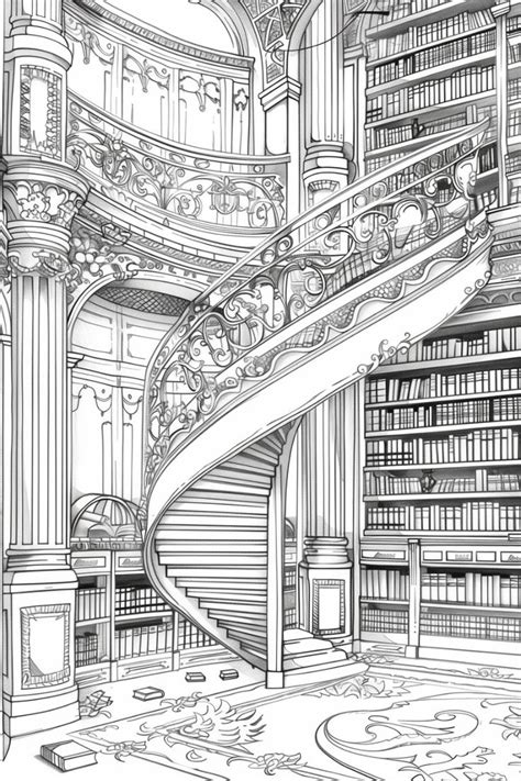 Elegant Library With A Spiral Staircase Coloring Page Nel 2024