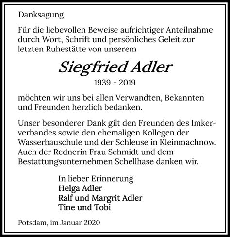 Traueranzeigen Von Siegfried Adler Trauer Anzeigen De