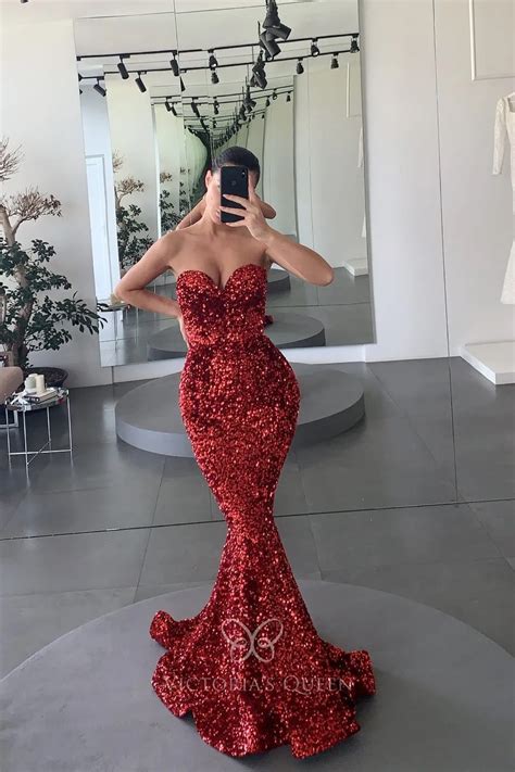 Burgundy Sequin Strapless Sweetheart Mermaid Prom Dress Vq