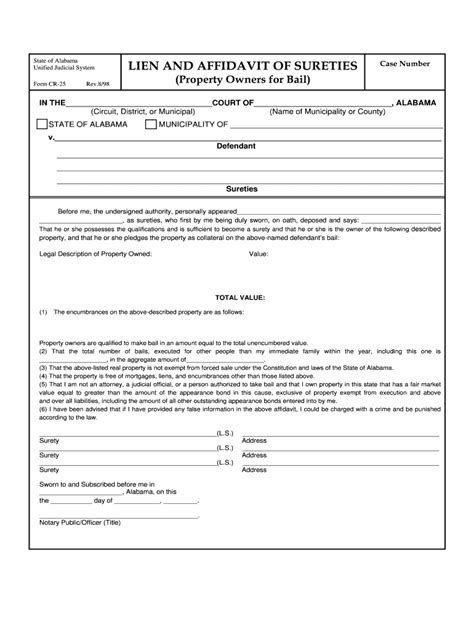 Lien And Affidavit Of Sureties Property Owners For Bail Form Fill Out