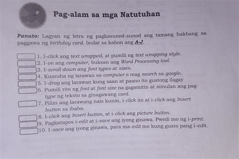 Pag Alam Sa Mga Natutuhanpanuto Lagyan Ng Letra Ng Pagkasunod Sunod