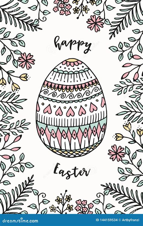 Hand Drawn Easter Card With Flowers Herbs And A Colorful Easter Egg