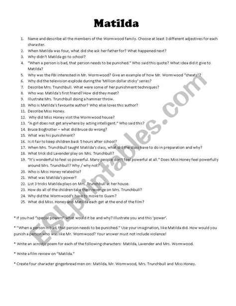 Matilda Roald Dahl Film Comprehension Questions ESL Worksheet By RonyP