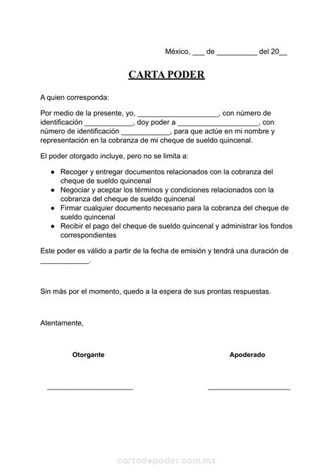 ᐅ Carta Poder para Cobrar Cheque de Sueldo Quincenal