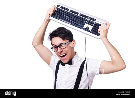 Funny Computer Geek Isolated On White Stock Photo Alamy