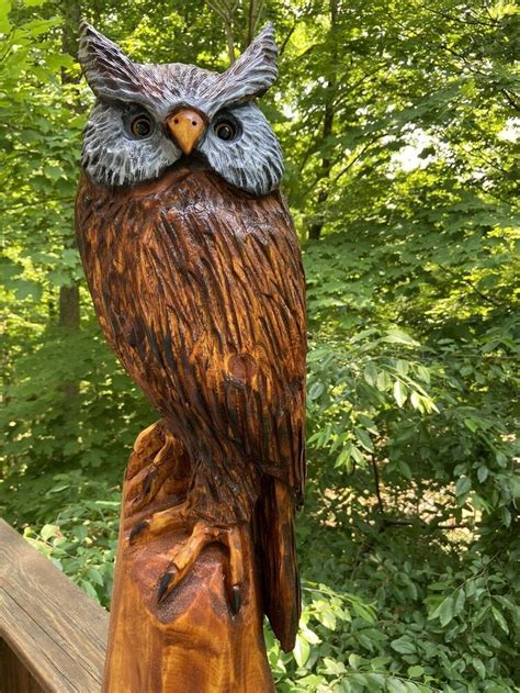 Chainsaw Carved Horned Owl White Pine Wood Large Horned Owl Folk Art Very Unique Folkart