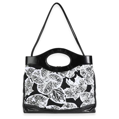 Chanel Black White Floral Canvas And Calfskin Large Bag Leather