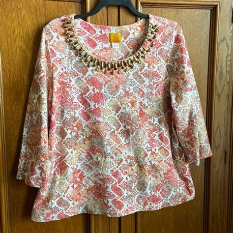 Ruby Rd Tops Ruby Red Fall Print Top With Bronze Beaded Trim