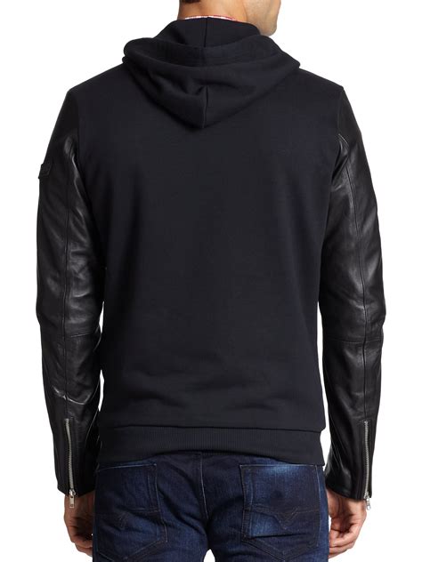 Lyst Diesel Cotton Leather Zip Up Hoodie In Black For Men