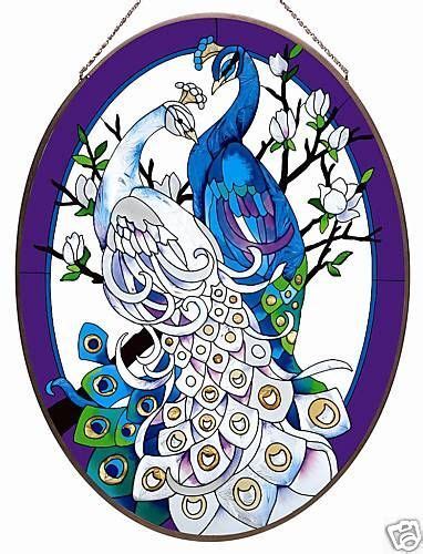 White Blue Peacocks Oval X Stained Glass Panel Ebay Stained Glass