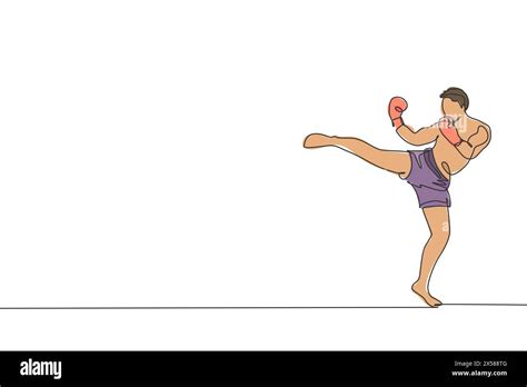 One Continuous Line Drawing Of Young Sporty Man Kickboxer Athlete